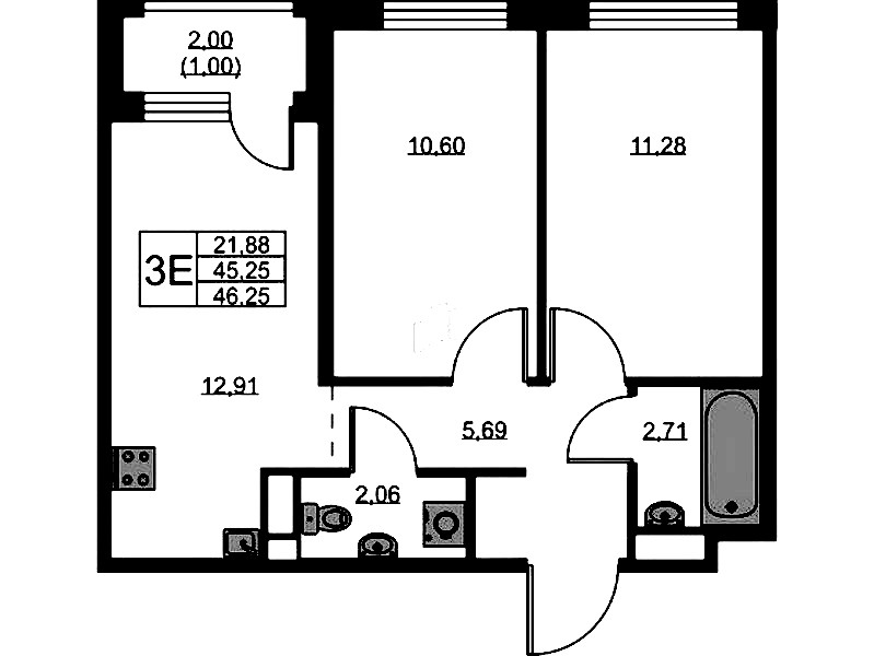 2-комнатная квартира 46.25 м², 7/9 эт., ЖК «GloraX Новоселье»